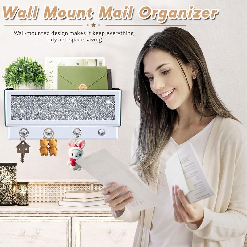 WALTSOM Crushed Diamond Key and Mail Holder for Wall, Crystal Mail Organizer Wall Mount, Mirror Mail and Key Holder Wall Mount for Entryway and Home Decor - Image 3